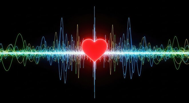 A luminous digital audio waveform pulsating in a dark void, centered around a glowing red heart shape symbolizing love for music and rhythm, synth, volume, radio