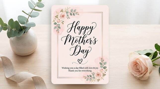 Happy mothers day greeting card with flowers and vase isolated on white background