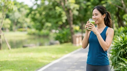 Fototapeta premium Fit young Asian woman drinking green smoothie outdoors in a park. Healthy lifestyle and wellness concept. Copy space for text