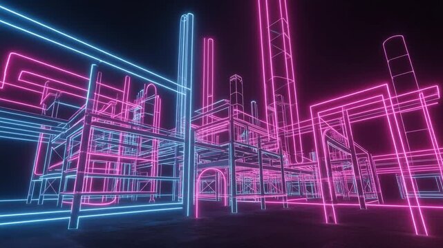 Glowing neon refinery structure animation featuring vibrant pink and blue lines in a dark motion clip