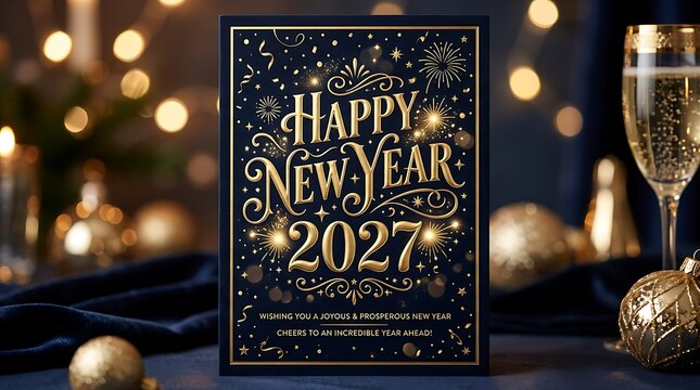 Happy new year 2027 greeting card with gold typography isolated on white background