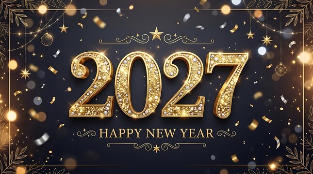 Happy new year 2027 gold text with festive confetti background isolated on white background