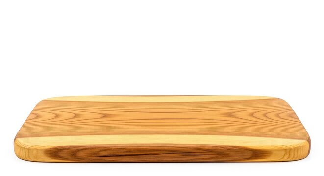 A rustic natural wood cutting board rests on a clean white background, showcasing a smooth grain texture and organic rounded edges at home, oak, plain, meal