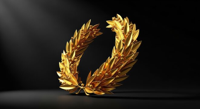 A shimmering golden laurel wreath stands out against a deep dark background, representing excellence, success, and premium accomplishment, historical, quality, icon