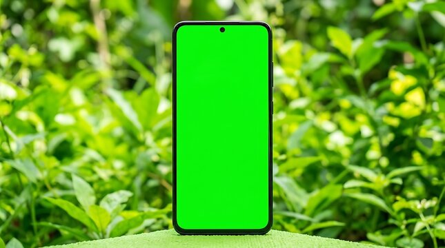 Smartphone with green screen in a sunny green garden isolated on white background