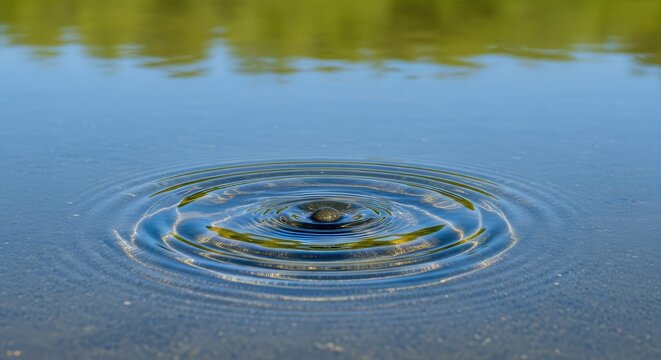 A tranquil shallow pond displays perfect concentric circular ripples expanding across the clear water surface after a single pebble drop, wave, calm, flow
