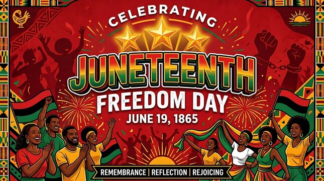 Juneteenth freedom day celebration poster with happy people isolated on white background