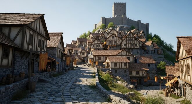 An ancient stone village perched atop a steep hill under a clear sky, featuring cobblestone streets, timbered houses, and a tall fortress, heritage, defensive, castle
