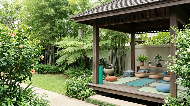 Wooden outdoor gazebo arranged with yoga mats and meditation cushions in a lush tropical garden. Tranquil wellness and mindfulness retreat space