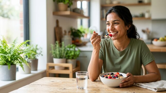 Smiling South Asian woman eating healthy breakfast of yogurt with fresh berries and granola. Nutritious morning meal in bright modern kitchen