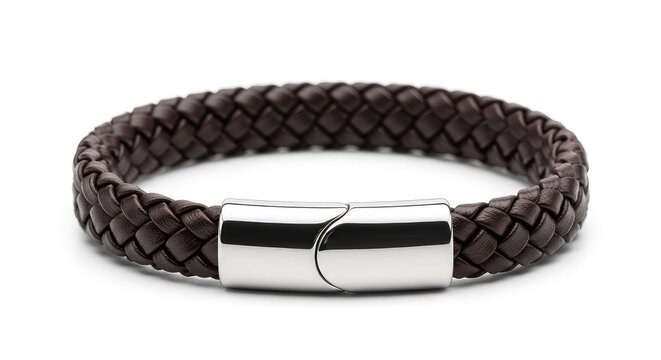 Elegante bracciale in pelle intrecciata di colore marrone scuro con chiusura magnetica in acciaio lucido, isolato su uno sfondo neutro, oggetto, gioiello, marrone