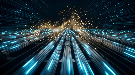 Fototapeta premium Abstract representation of highspeed data flow through fiber optic cables with glowing light particles