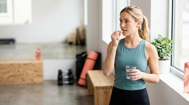 Young woman taking a supplement pill before a workout in a gym. Healthy female athlete holding a glass of water in a fitness studio