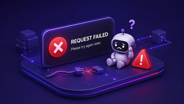 3D sad robot sitting on digital platform with disconnected sparking power plug, request failed server error concept