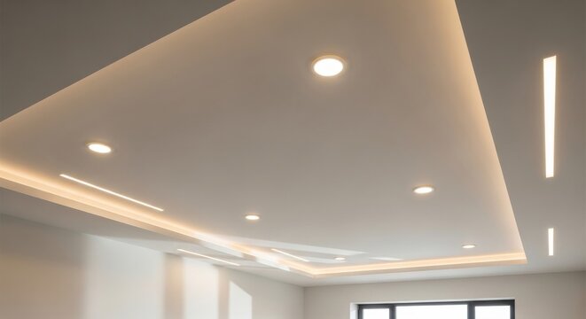 Modern Interior Ceiling With Recessed Spotlights and Ambient Lighting