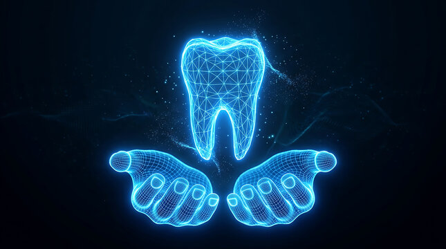 Luminous blue wireframe tooth held by cupped hands on dark background dental health care medical