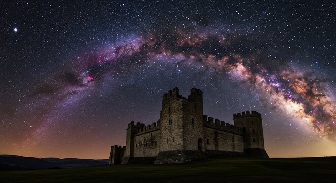 輝く無数の星々そして壮大な弧を描き夜空を幻想的に彩る色鮮やかな星間塵と天の川銀河が広がる神秘的な宇宙のキャンバス その下に数百年もの時を超え悠然とそびえ立つ重厚な石造りの古城が歴史の重みを静かに語りかける絶景. AI Generated
