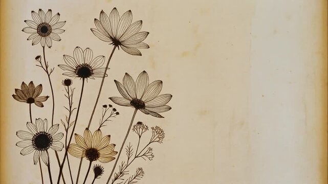 Elegant hand drawn floral sketch animation featuring delicate blooming daisy petals on rustic vintage paper texture