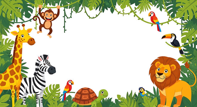 Cartoon jungle animals border with monkey giraffe zebra lion toucan parrots