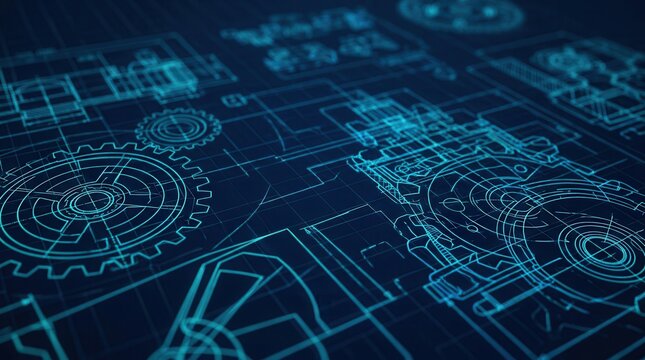 3D rendering of blue mechanical gear engineering blueprints for industrial technology design.