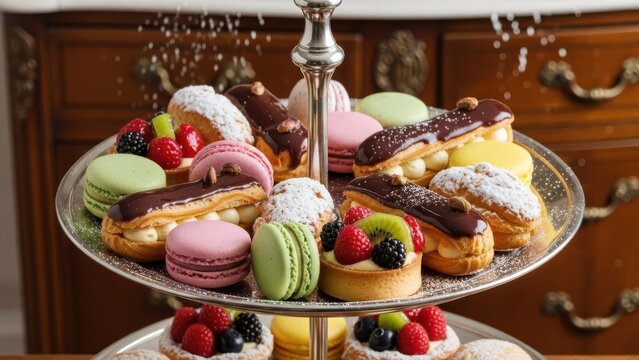 Assortment of French Pastries and Tarts on a Tiered Stand