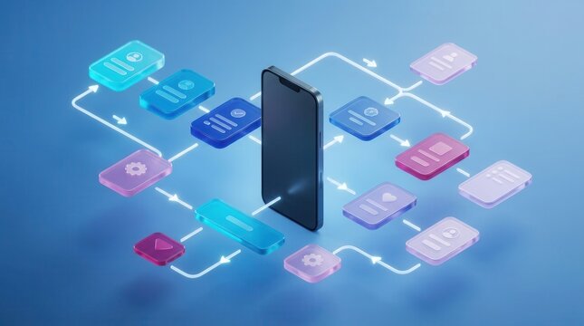3D rendering of a UX UI flowchart connection node for mobile application development.