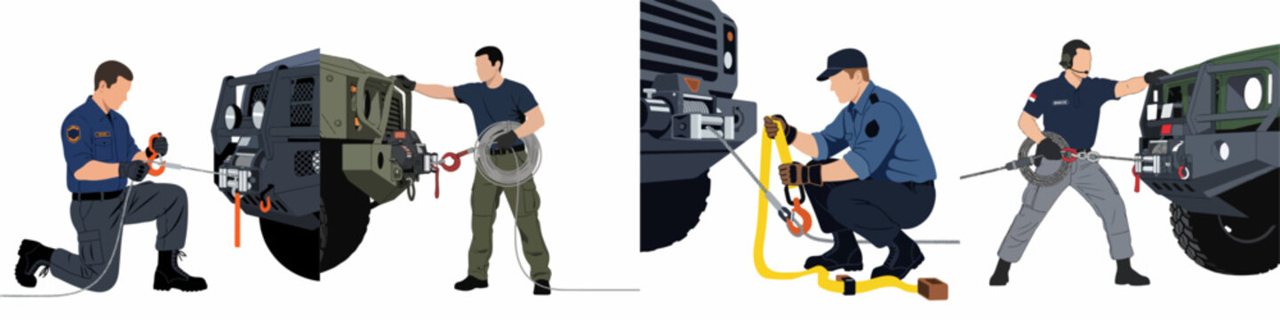 Set of flat vector illustrations showing men in uniforms operating winches and recovery equipment on off-road vehicles for rescue and training purposes.