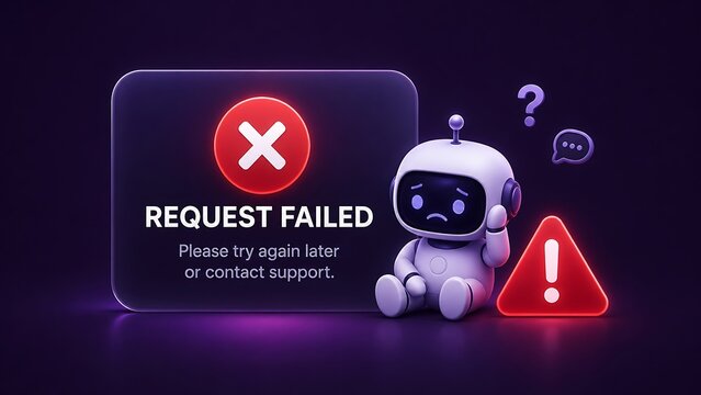 3D cute sad robot sitting next to a glass panel showing request failed error message, server offline warning concept