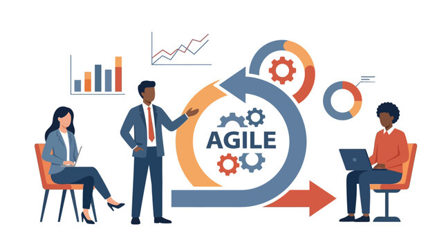 Professional business team discussing agile methodology with colorful charts and gear icons in a flat vector style illustration of a corporate meeting on white background
