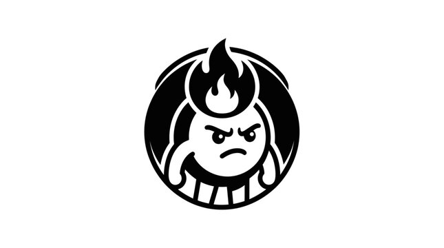 Angry Cartoon Character with Fire on Head, Black and White Icon