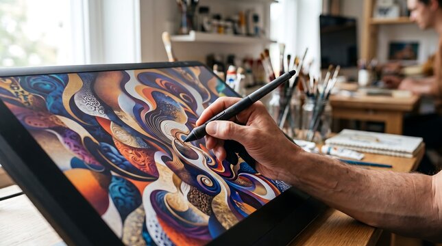 Professional digital artist drawing vibrant colorful abstract shapes on a graphic tablet screen in a bright modern studio
