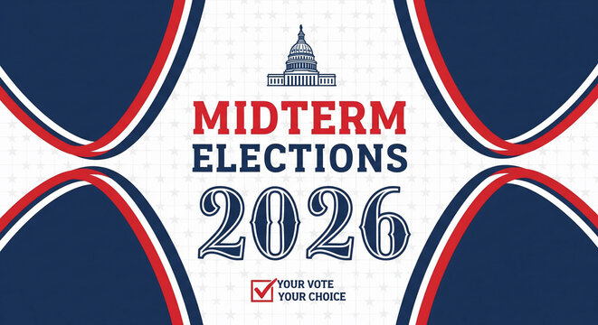 Midterm Elections 2026 graphic with Capitol building icon and "Your Vote Your Choice" slogan, suitable for political campaigns, government announcements and news media