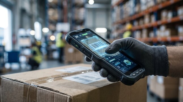 Warehouse worker holding a handheld barcode scanner scanning a cardboard package with industrial shelf background in soft light
