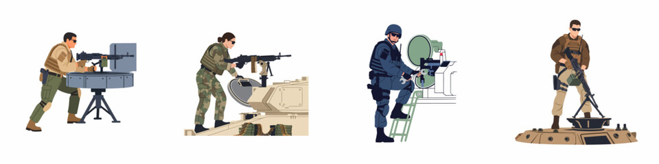 Flat vector illustrations of military and tactical personnel operating heavy machine guns and armored equipment in various combat roles. © Kadal