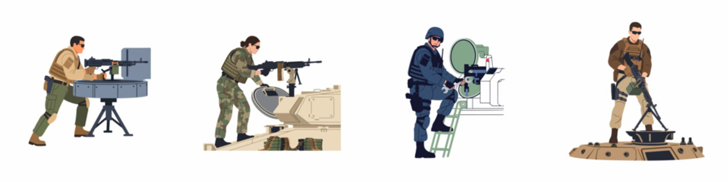 Flat vector illustrations of military and tactical personnel operating heavy machine guns and armored equipment in various combat roles.