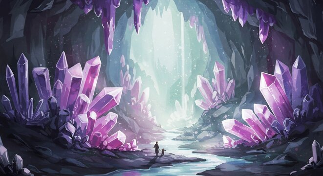 奥深くから神秘的な光が降り注ぐ幻想的な紫水晶の洞窟 無数の巨大な結晶が鮮やかに輝き空間を彩り小さな探検家が澄んだ川辺を辿り壮大な自然の美しさを発見する. AI Generated