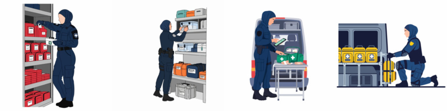 Collection of illustrations featuring a Muslim female paramedic in a hijab organizing medical kits, checking inventory, and preparing an ambulance for duty.