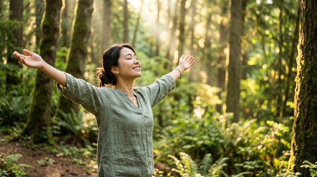 森林浴で深呼吸する女性 自然の中でリフレッシュ