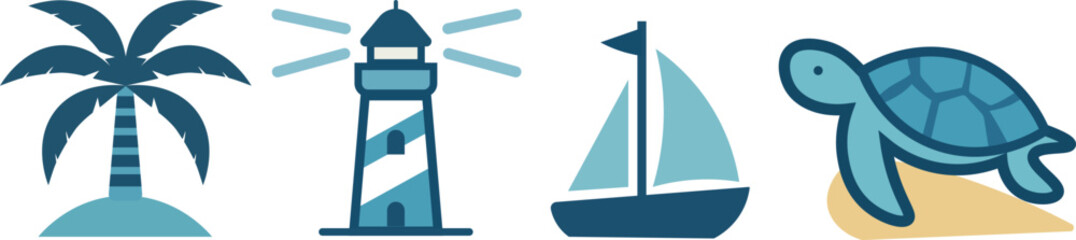 Fototapeta premium World Oceans Day icons featuring palm tree, lighthouse, sailboat, and sea turtle in blue tones