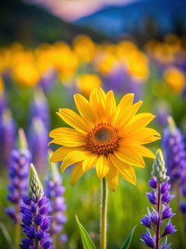 A close-up shot of Yellow Arrow-leaf Balsamroot flower with purple lupines in blurred background