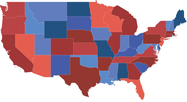 United States map with red and blue states, USA political election infographic vector, american voting results concept