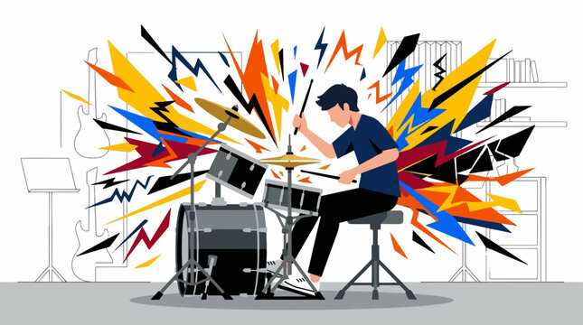 Young man playing drums with colorful abstract sound waves exploding outwards Education and back to school.