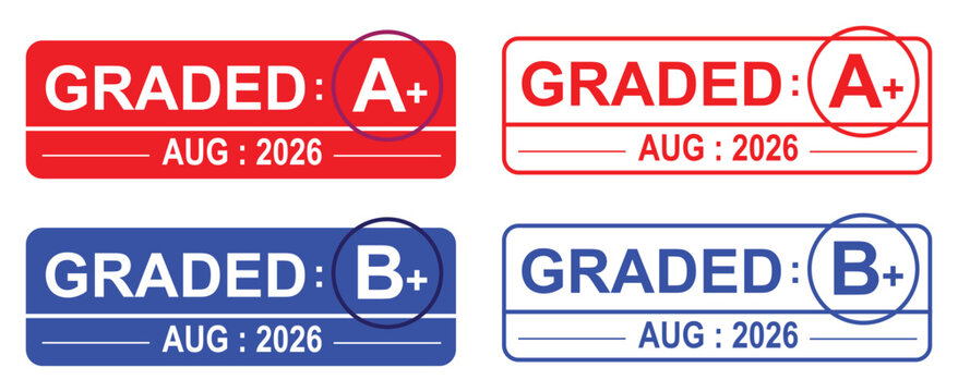Graded stamp vector set, quality control inspection labels with A plus and B plus grades, red and blue certification stickers