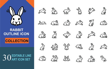 Fototapeta premium Minimalist rabbit outline icon collection, 30 editable line art icon set of jumping and sitting bunnies, modern vector animal symbols for web design