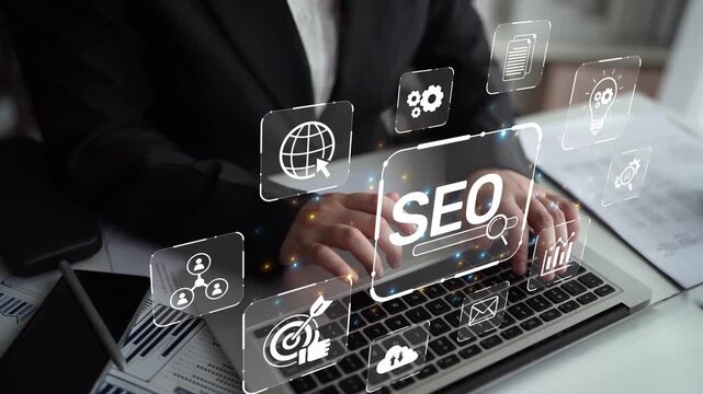 SEO concept for improving SEO visibility, with SEO related digital tools and SEO performance icons shown in an focused layout for strategic marketing. Muxer