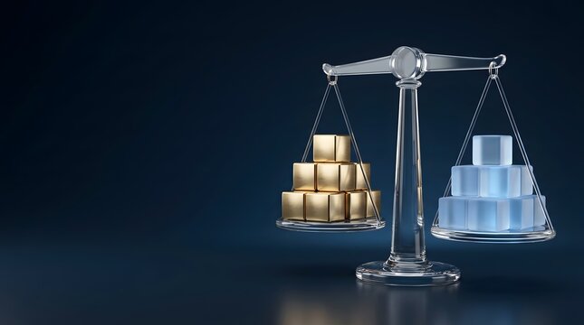 Tangible asset prioritization shown by classic balance scale weighing heavy gold blocks against lighter transparent digital cubes