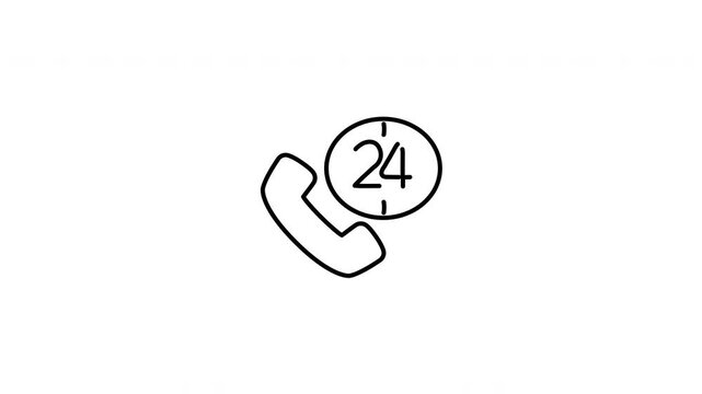 Minimalist outline animation of a telephone headset with a twenty four hours service help icon drawing on and fading out. Features a clean pop up style in 3 color setups.