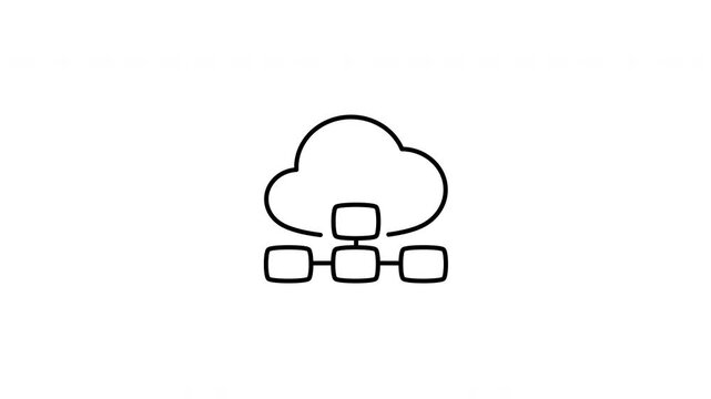 Minimalist outline animation of server cloud storage with a network share connection hierarchy icon drawing on and fading out. Features a clean pop up style in 3 color setups.