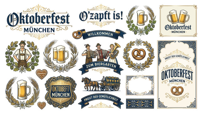 Collection of Oktoberfest symbols and elements, including beer mugs, pretzels, musicians, and traditional Bavarian attire.