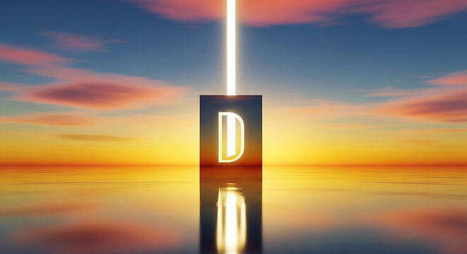 Minimalist letter d in a light cube portal on calm water surface at sunset with alphabet typography reflection minimalist geometric abstract conceptual tranquil artistic